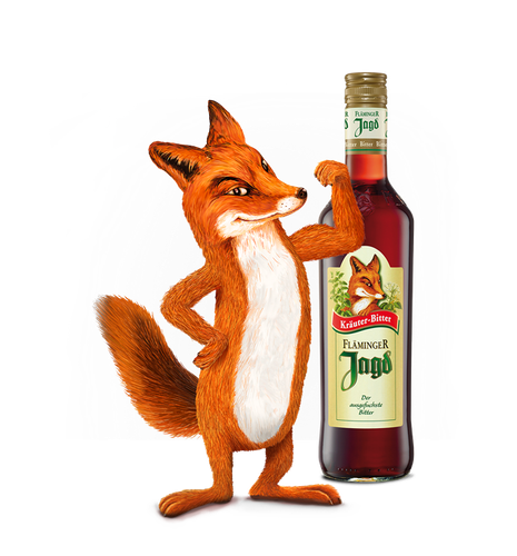 Das Bild zeigt einen stehenden Fuchs mit einer Flasche Fläminger Jagd mit gelbem Etikett